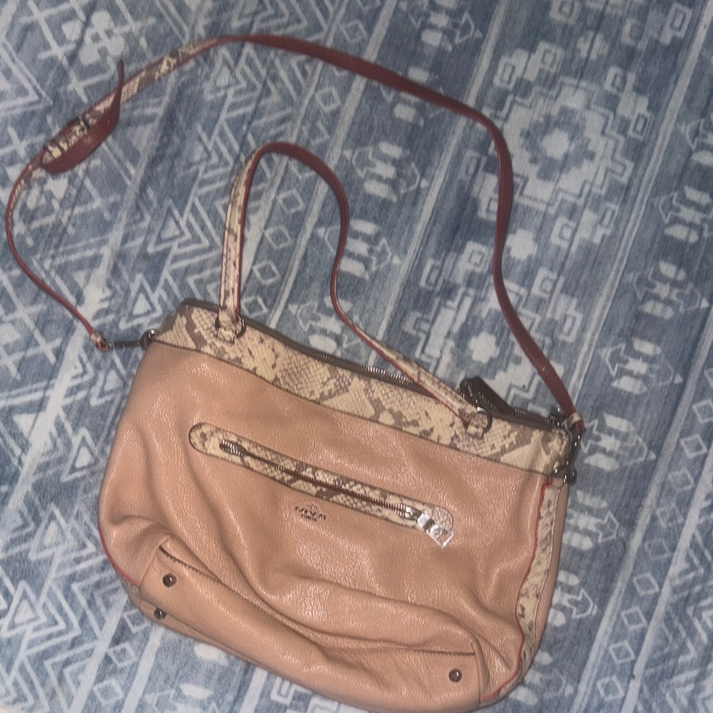 Coach Pink Leather Shoulder Bag with Snake-Print Trim